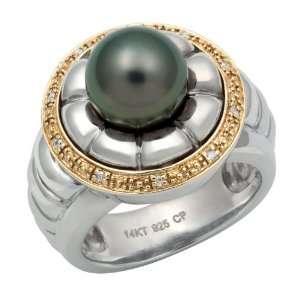   925 Sterling Silver Tahitian Black Pearl and Diamond Ring TR 10075 AM