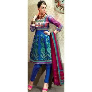 Royal Blue Designer Flaired Suit with Crewel Embroidery   Art Silk and 