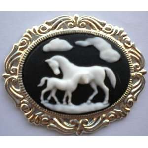  Cameo Pin Horses White on Black w/ Silver Color Frame 
