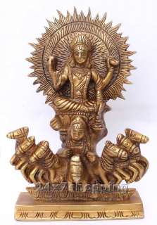 Solid Brass Hindu God Carved Surya Devta Figurine in 7 Horse Chariot 