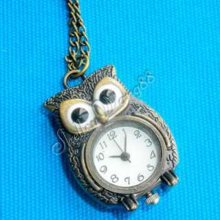 Bronze Vintage Owl Clock Pendant Necklace Watch Nice  