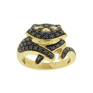  Yellow Gold Plated Silver Black Diamond Cat Ring, Size 7 