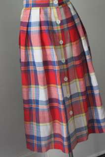 Vintage 50s 80S PLAID LINEN Pleated Skirt RED and BLUE w/ BUTTONS 