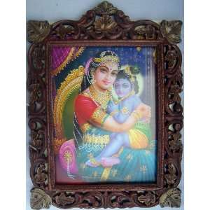 Lord Child Krishna in Mother Yashoda Lap poster painting in wood craft 