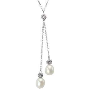   Silver Rose Lariat Necklace w. Twin 9 10mm Cultured Pearl Drops, White
