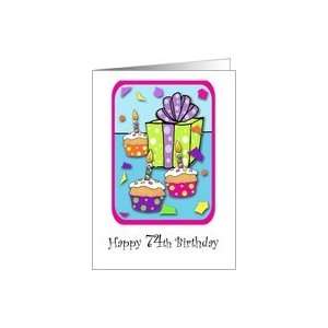  74 Years Old Lit Candle Cupcake Birthday Card Confetti 