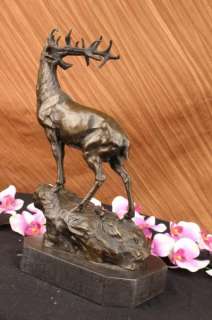 Bronze Marble Statue Elk Deer Stag Hunter Wildlife Art Deco Sculpture 