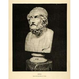  1890 Wood Engraving Homer Bust Naples Museum Greek Epic 