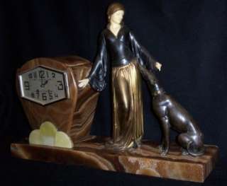 Art Deco 1930s Menneville E. Spelter Ivorine Clock Woman and Greyhound 