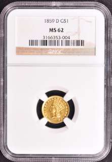 1859 D GOLD G$1 NGC MS 62  