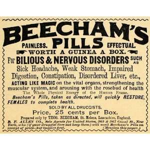  1890 Ad Beecham Pills Bilious Nervous Disorders Pain 