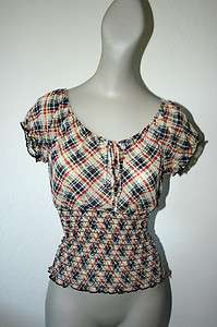 1950s style Plaid Smocked Peasant Top Rockabilly Pinup  