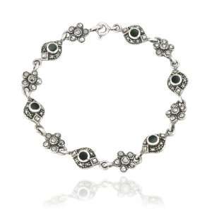    Sterling Silver Marcasite Onyx Floral Bracelet, 7.5 Jewelry
