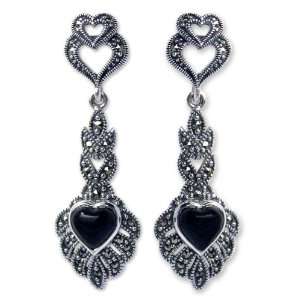  Marcasite and onyx heart earrings, Ornate Love Jewelry