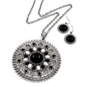    Black and White Acrylic Pendant Necklace and Earrings Set Jewelry
