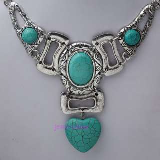Blue howlite turquoise oval 3pcs Heart carved bead pendant chain 