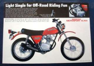 HONDA XL100 MOTORCYCLE SALES SHEET CIRCA 1975.  