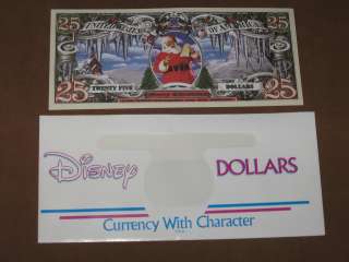 Santa 25 MERRY CHRISTMAS Dollars Novelty Note + Disney dollar envelope 