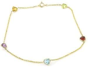 14K Yellow Gold Heart Gemstones Anklet 10 1/2 New  