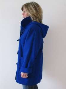 EXCELLNT ROYAL BLUE WOOL LADIES HOODED DUFFLE COAT JACKET TOGGELS~10 