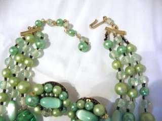 Vintage Green Glass Bead, Moonglow Necklace, Earrings Japan  