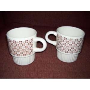  Vintage Coffee Cups Checkered Brown & Ivory w/Design 