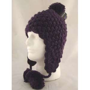  Hand Knit Purple Crochet Ear Flap Pom Trooper Beanie Hat 