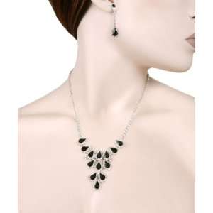  Teardrop Shape Black & Clear Stones Formal Necklace Set Jewelry