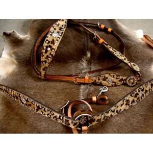  WESTERN LEATHER HEADSTALL CHEETAH HAIRON WITH BLING 