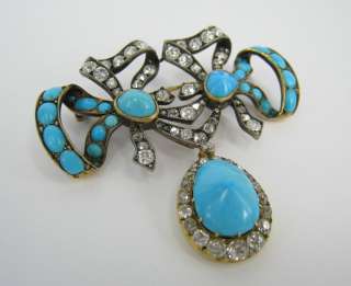 Antique 1800s 4.50ct Diamond & Turquoise Silver & Gold Brooch  