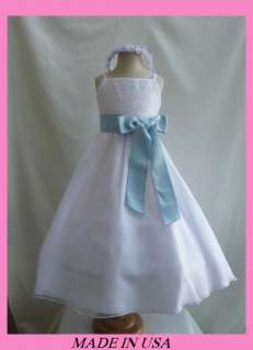WHITE SKY BLUE WEDDING FLOWER GIRL DRESS 2 4 6 10 12  