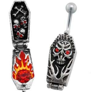    Hinge Belly Ring with Red Eye Skull & Flame Coffin Jewelry