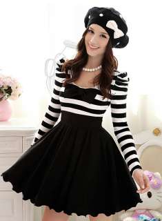 2011 New Korean Fashion Expansion Skirt Puff Sleeve Stripe Bowknot 