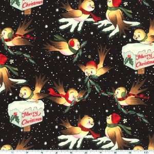 44 Wide Christmas Time Santas Sparrows Black Fabric By 