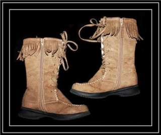 Lamour ~ Girls Nubuck Brown Fringe Boots   Lace Ties & Zipper ~ 11 