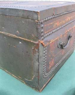   Leather Tole Painted Brides Dowry Box Bible Steamer Trunk Chest  