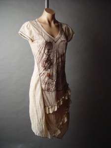 Wood Beaded Crochet Lace Ruffle Earthy Print Bohemian Boho Goddess fp 