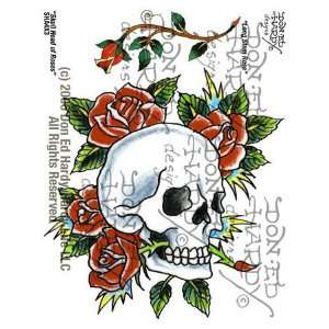   Hardy   Skull Head & Long Stem Rose Tattoo, 4 X 3