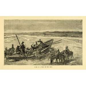  1905 Wood Engraving Art Oxus River Amu Darya Ferry Boat 