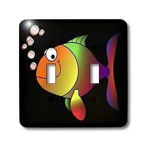 Florene Childrens Art   Rainbow Fish On Black   Light Switch Covers 