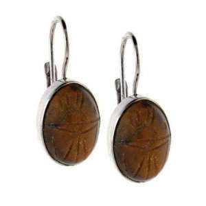 Sterling Silver Genuine Tiger Eye Stone Etched Oval LeverBack Lever 