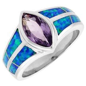Sterling Silver, Synthetic Opal Inlay Ring, w/ Marquise Shape Amethyst 
