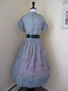 Vintage Sheer 40s 50s cotton Day Dress Blue Garden Party Full Skirt 