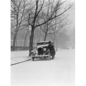 Car Stopped on Snowy Winter Street Man Lifting Hood Photographic 