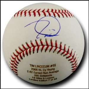 Tim Lincecum Autographed Baseball with 2008 NL CY YOUNG Engraving   LE 