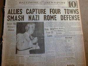 1944 WW II newspaper hdlnes ALLIES CAPTURE ROME Italy from NAZI 