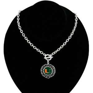 Miami Hurricanes Round Heart Art Nouveau Style Toggle Necklace  