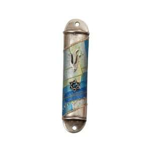  Rounded Semicircle Pewter Mezuzah with Blue Boxes, Star of 