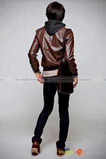 Men Fashion Slim Fit Faux Leather Hooded Short Coat Jacket Brown 