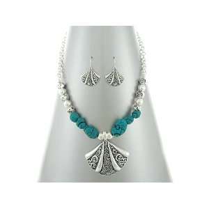 True Unique Filigree Seashell Pendant Necklace and Earrings Set with 